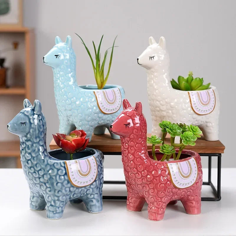 No-EN-Name-Null Home Garden Unglazed Ceramic Blue Cute Cartoon Alpaca-Owls Animal Mini Succulent Desktop Flower Pots Planters /Colors-Red/White/Blue/Gold/Animals