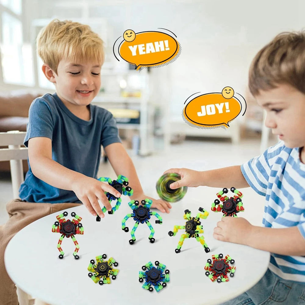 4 PCS Set ABS Plastic Fidget Spinning Top Glow-In-The-Dark Fingertip Funny Multicolor Deformable Robot Toys/ Ages: 13-18 + Years Old Adults/ Colors-Green/Black/Yellow/Multicolor/Striped/Geometric