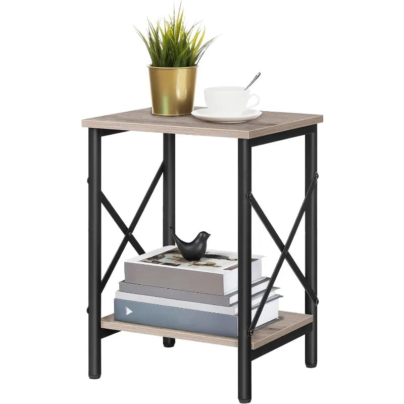 OEING 2 PCS Industrial Design Brown Wood Top Black Iron Metal Frame Adjustable Feet End Table Sets/ 1 Storage Shelf/Dimensions: 10.6"D x 14.6"W x 19.9"H/Colors-Rustic Brown Black-2/Greige-2