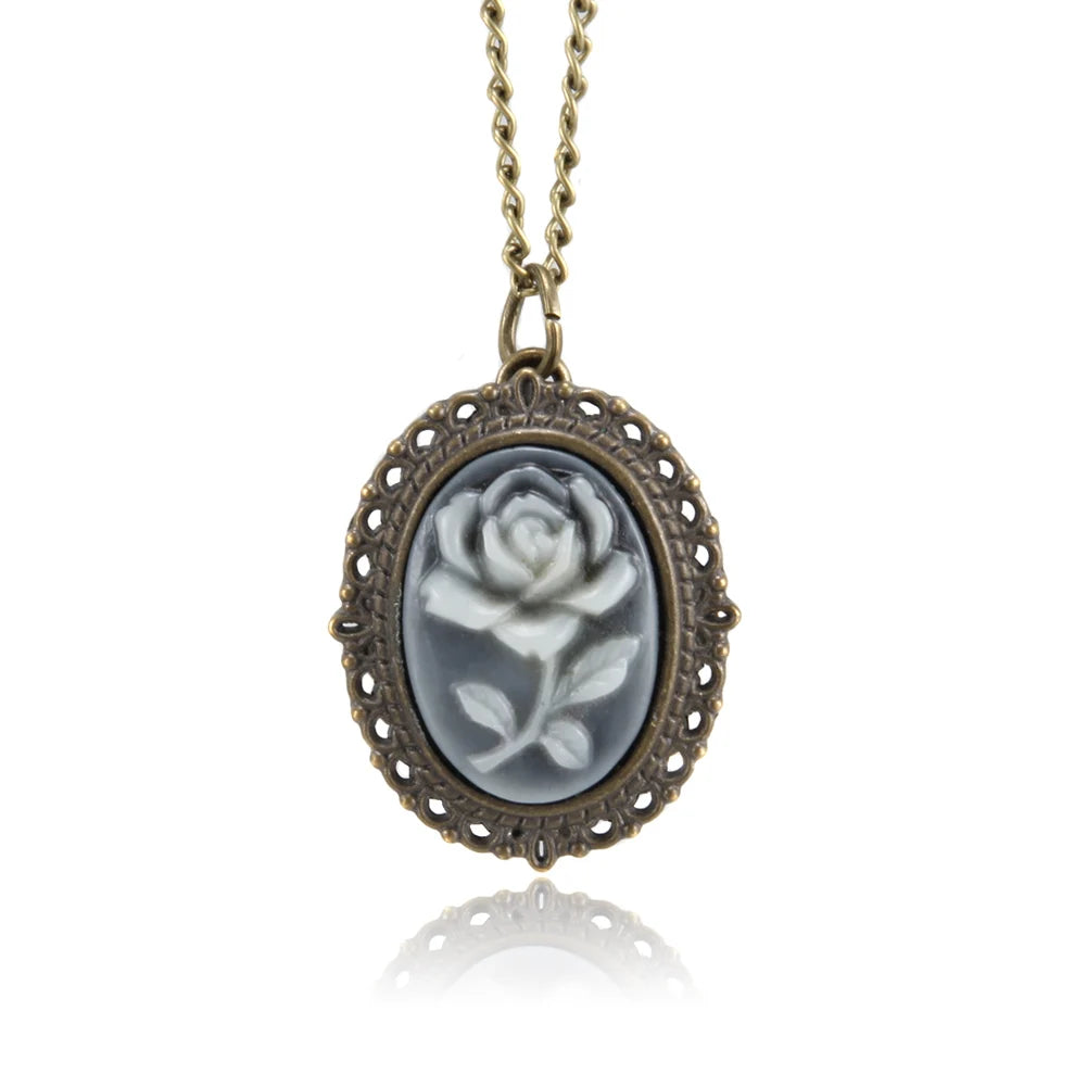 No-EN-Name-Null Women Bronze Metal Alloy Small Oval Case Arabic Numeral Analog Display Quartz Floral Carved Rose Necklace Chain-Pocket Watches