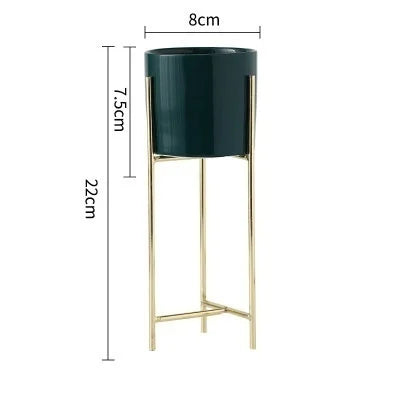 No-EN-Name-Null Indoor White Ceramic-Enamel Pot-Nordic Black Wrought Iron Metal Frame Base Round Shaped Flowerpots Planters /Colors-Gold/Green/White/Black