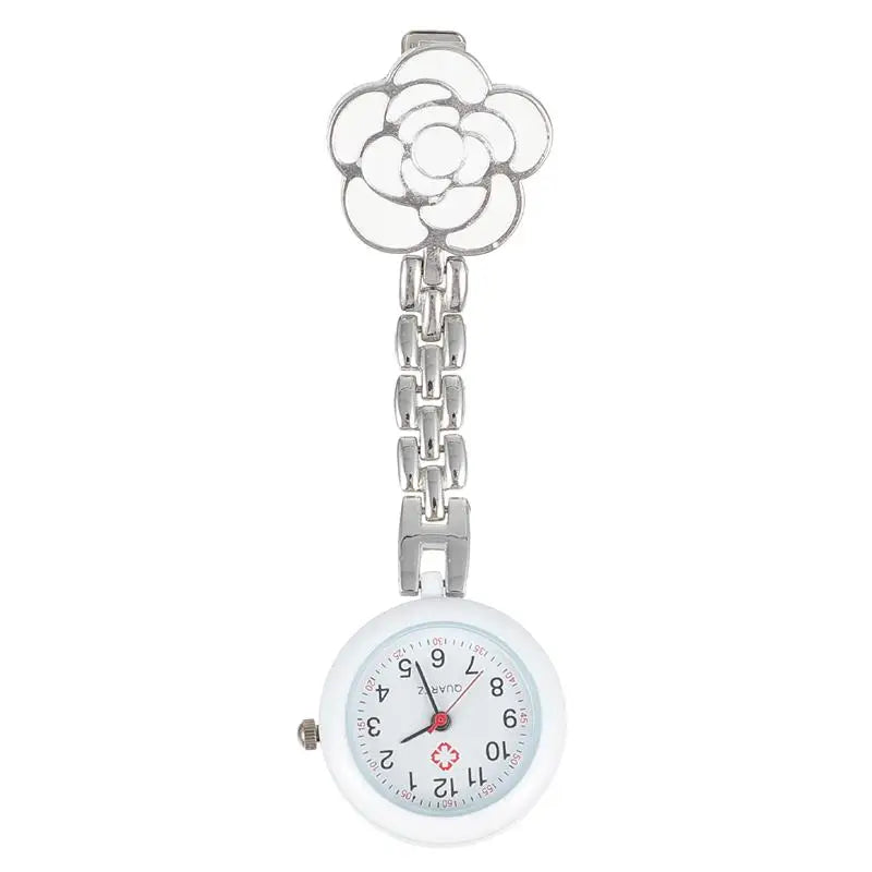 No-EN-Name-Null Adults Metal Alloy Round Shaped Digital Quartz White Face Black Numbers Butterfly-Flower Floral Styles Hanging Locked Pin-On Lapel Nurses Fob Pocket Watches