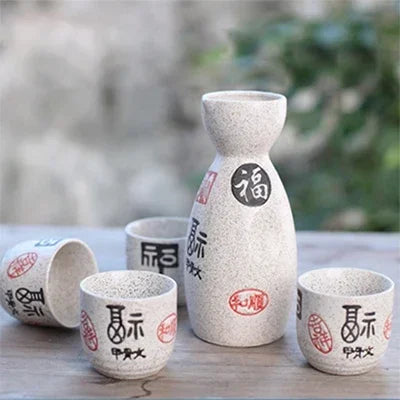 5pcs/set Ceramic Sake Pot Cups Set Flagon Liquor Cup Spirits Cups Set Japanese Bar Wine Set Flower Text Pattern Creative Gifts