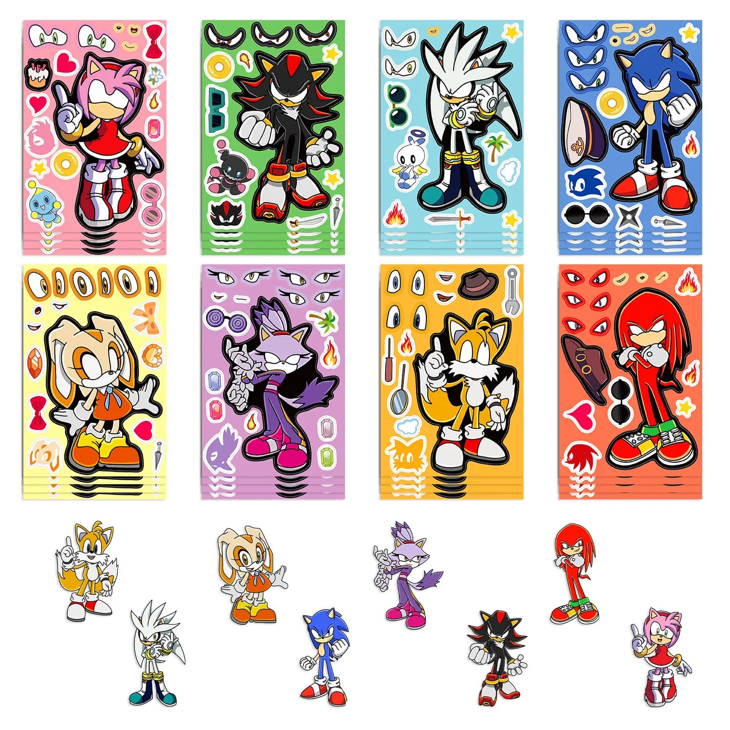 8 Sheets Plastic Multicolor Cute Cartoon Funny Kawaii Anime Sonic The Hedgehog Puzzle Make A Face Sticker Books/Ages: 6-12 + Years Older