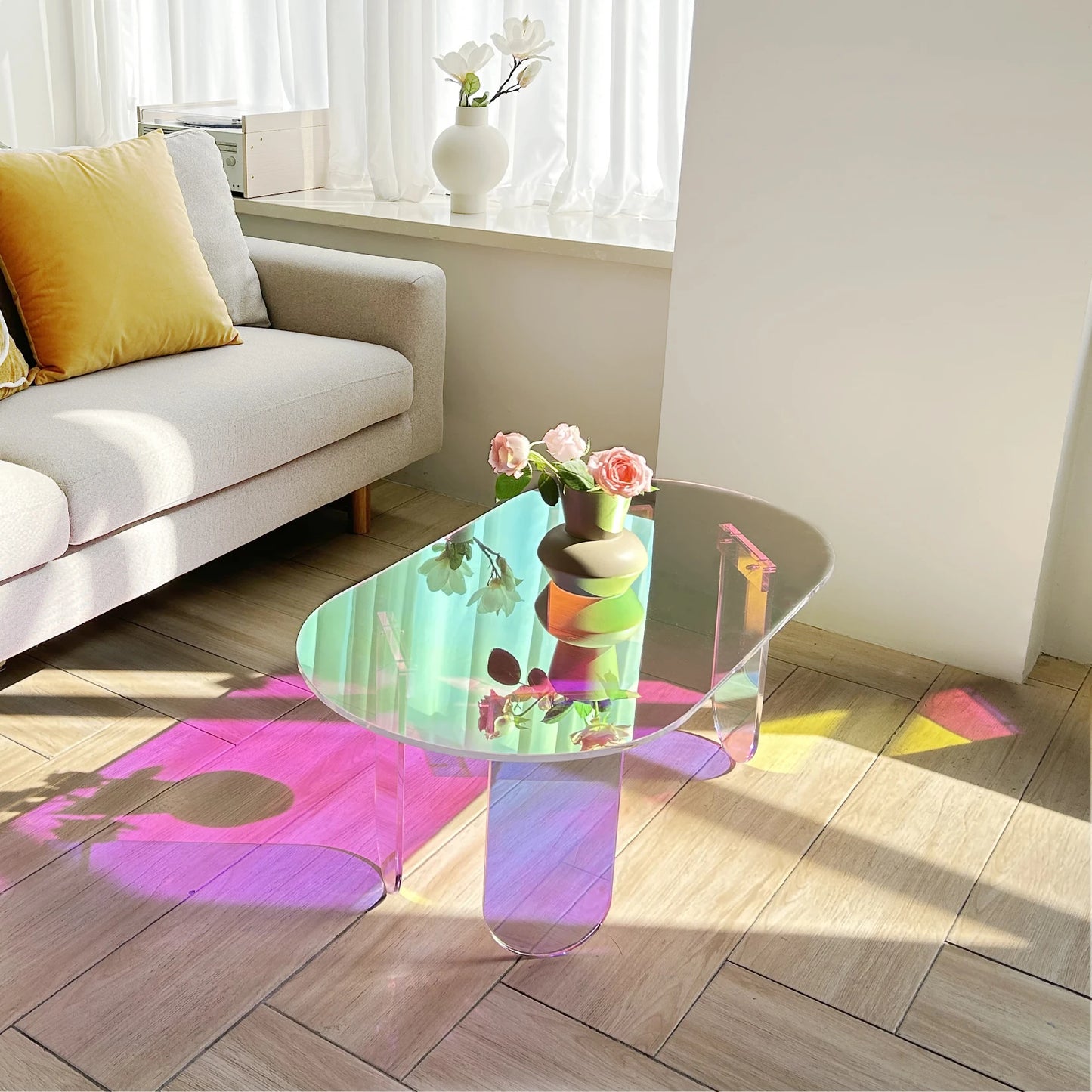 No-EN-Name-Null Modern Curved Corners Long Rectangle Shaped Iridescent Design Clear Acrylic Coffee Tables/Size: 37.4 in (L) x 19.7 in (W) x 14.2IN (H)