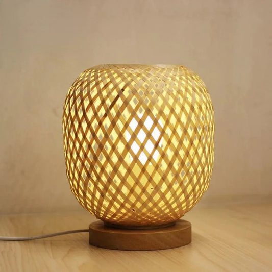 Desktop Bamboo Weaved Handmade Natural Wooden Base Table Lamps/Colors-Brown/Yellow/Beige/22CM Battery Not Included