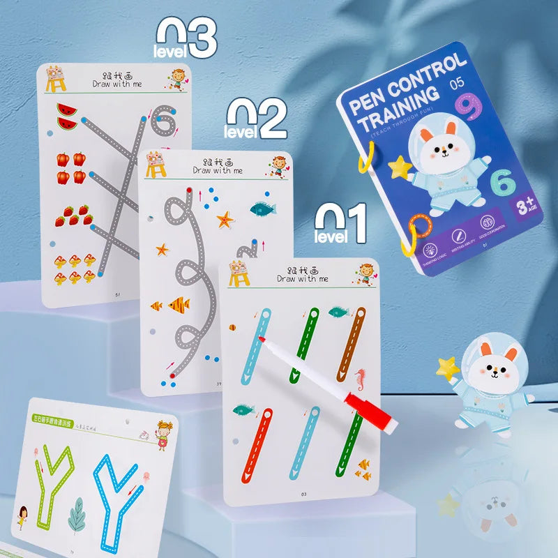 BORRENCE Kids Four Themes Plastic Early Education Fun Magical Pen Control Exercise Practice Tracing Reusable Interactive Reading Geometric Multicolor Cardboard Copybooks Reading Toys /Ages: 3 Years Old-Older