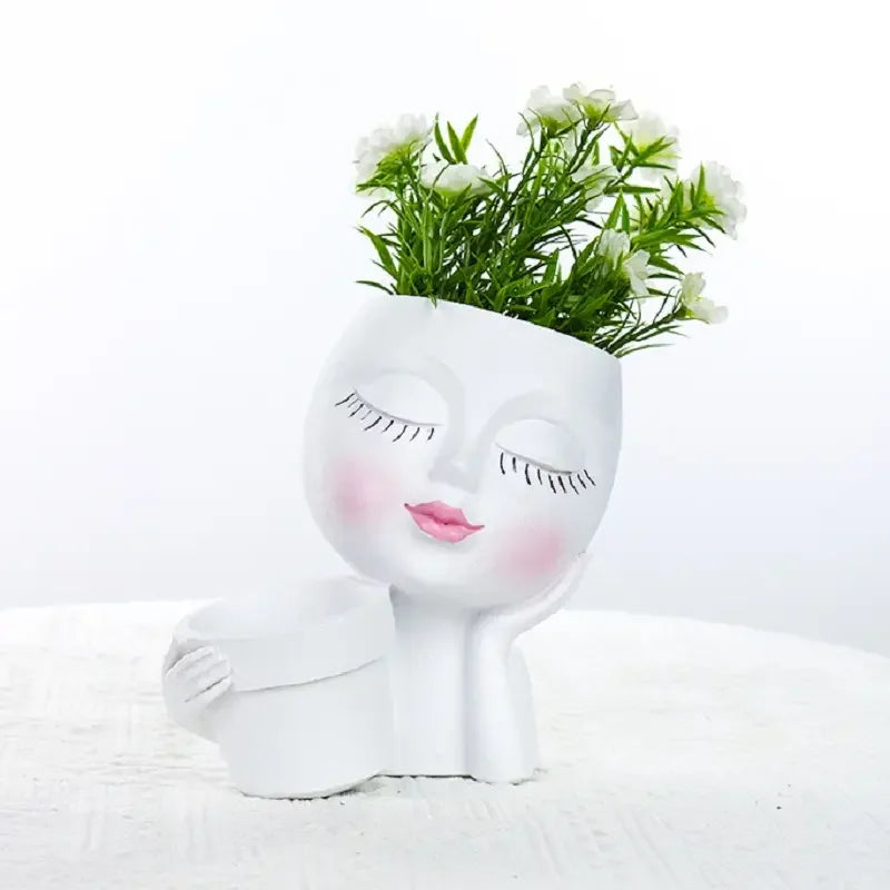 No-EN-Name-Null Indoor-Outdoor Classic Beige Resin Cute Girl Face Handheld Basket Flower Pots Planters/Colors-Beige/White/Gray/Brown/Pink/Multicolor/Floral