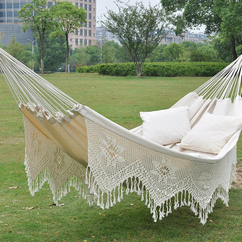 LIGHTEN UP Outdoor-Indoor Adults Large Beige Two Person Brazilian Bohemia Hanging Tassels Polyester-Cotton Blend Hammocks/ Size(L): 318 x 150 cm/Size(XL): 360 x 160 cm/Colors-Beige/White/Black/Weight Max : 450 LBS