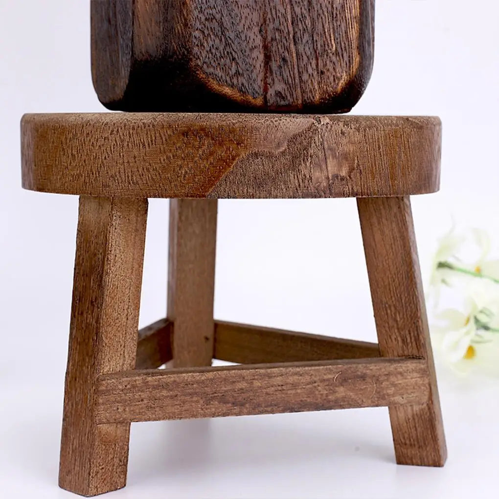 No-EN-Name-Null Countryside Old Antique Backless Smooth Round Shaped Small Hard Flat Seat Top-Brown Solid Tung Wood Triangle Shaped-3 Legs Base Frame Plant Supports