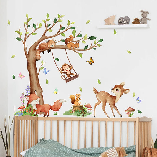 2-PCS Set Waterproof Removable Cartoon Monkey Standing Up Swing In A Roped Swing 2-Foxes Baby Deer 2 Squirrels In A Brown Tree Wall Stickers
