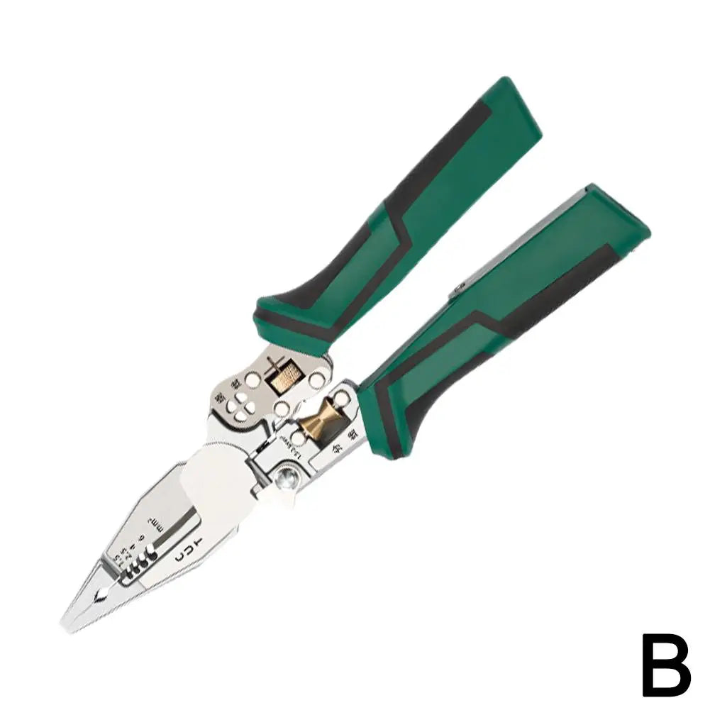 No-EN-Name-Null 9-in-1 Heavy-Duty Non-Slip Multicolor Handle Grip Enlarged Professional Petal Four-Hole Winding Built-in Electricity Current Meter Steel Metal Pliers Adjustable Jaws Sharp Wire Strippers/Colors-Red/Green/Yellow/Silver/Black/Multicolor