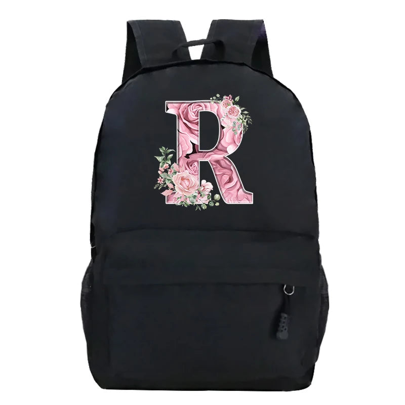 No-EN-Name-Null Waterproof Large Black Softback Nylon Fabric Printed Floral Pink Rose First Name Initial Letter Curved Back Zipper Canvas Lining Built-In Laptop Compartment Shoulder Straps-Handle Zippered External Pockets School Backpacks
