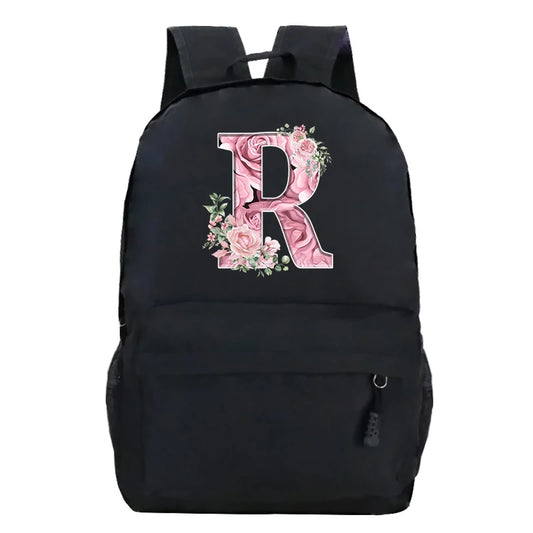No-EN-Name-Null Waterproof Large Black Softback Nylon Fabric Printed Floral Pink Rose First Name Initial Letter Curved Back Zipper Canvas Lining Built-In Laptop Compartment Shoulder Straps-Handle Zippered External Pockets School Backpacks