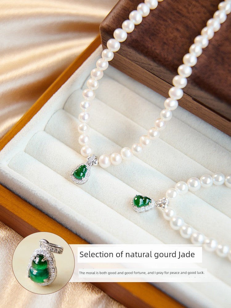 MOUNTAIN RULER Adult Women Fine Imitation Sterling Silver Metal White Mother-Of-Pearl Beads-Natural Green Gourd Jade Pendant Clavicle Chain Necklaces