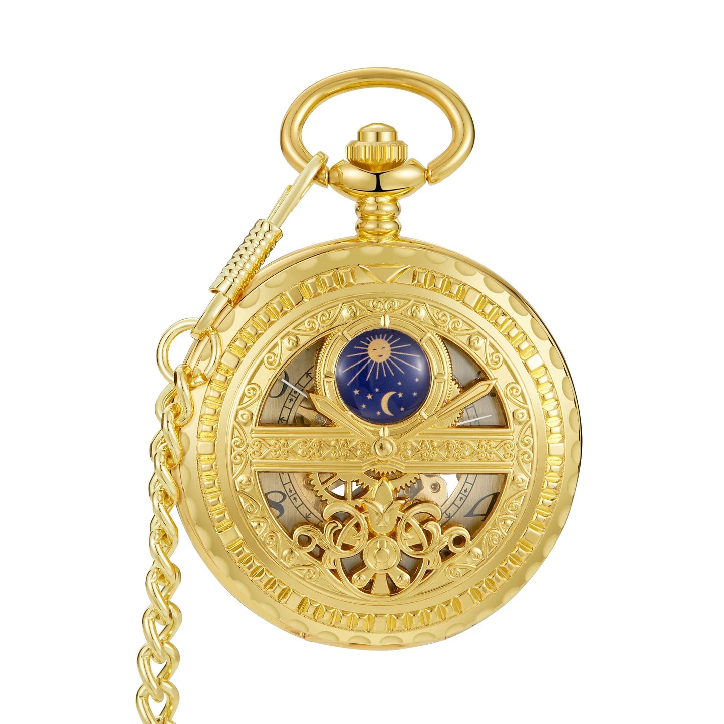 GORBEN Adults Mechanical Hand-Winding Glass Face Black-Sliver-Gold Round Stainless Steel Metal Case Analog Display Hollow-Out Skeleton Dial Blue Night Sky-Half Moon-Stars-Sun Design Analog Display Chain-Pocket Watches/With Box-Without Box