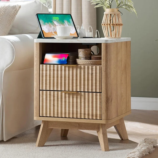 ANGDUO White Faux Marble Top-Fluted Oak Wood Earth-Tone Veins Nightstands/Charging Station 2 AC outlets- 2 USB ports  / 2 Drawers /Dimensions: 18"D x 18"W x 24"H/ Colors-Natural Oak, Dark Walnut, Dark Gray, Solid White