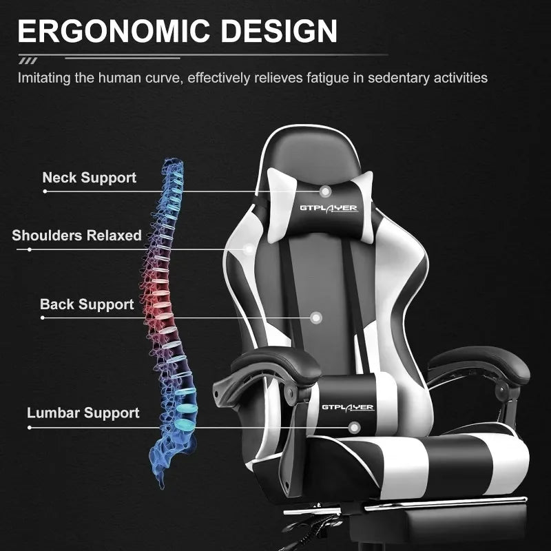 XMSJ Ergonomic Upholstered Padded Black Faux Leather Adjustable Headrest Neck-Back Massaging Lumbar Support Metal Frame Gaming Chairs/5 Plastic Wheels/Colors-Black/Purple/Gray/White/Multicolor