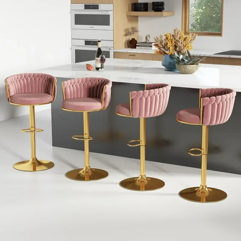 No-EN-Name-Null 4 PCS Modern Black Swivel Woven Low Backrest Soft Upholstered Velvet Seat Cushion Adjustable Height Gold Round Metal Base Non-Slip Rubber Ring Bottom Barstool Sets/ Colors-4 pcs Rose Red/4 pcs Beige/4 pcs Black/4 pcs Gray