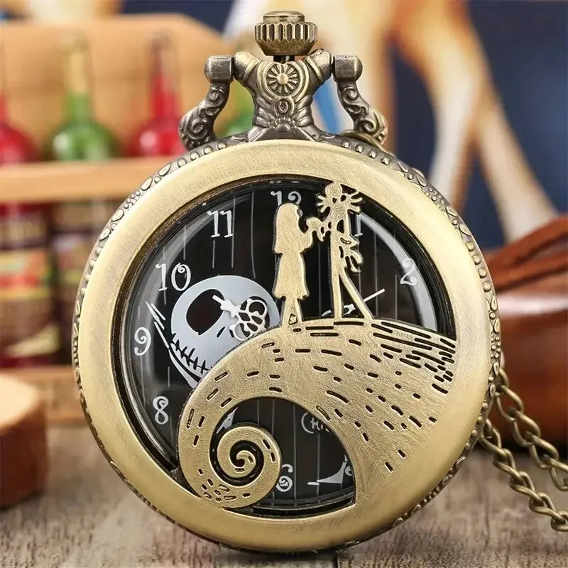 DEYROS Adults Quartz Black Face Bronze Metal Alloy Round Abrasion-Resistant Glass Face Skeleton Dial Movie-Nightmare Before Christmas Theme Silicone Strap Black Pendant Chain-Pocket Watches/Colors-Bronze/Black