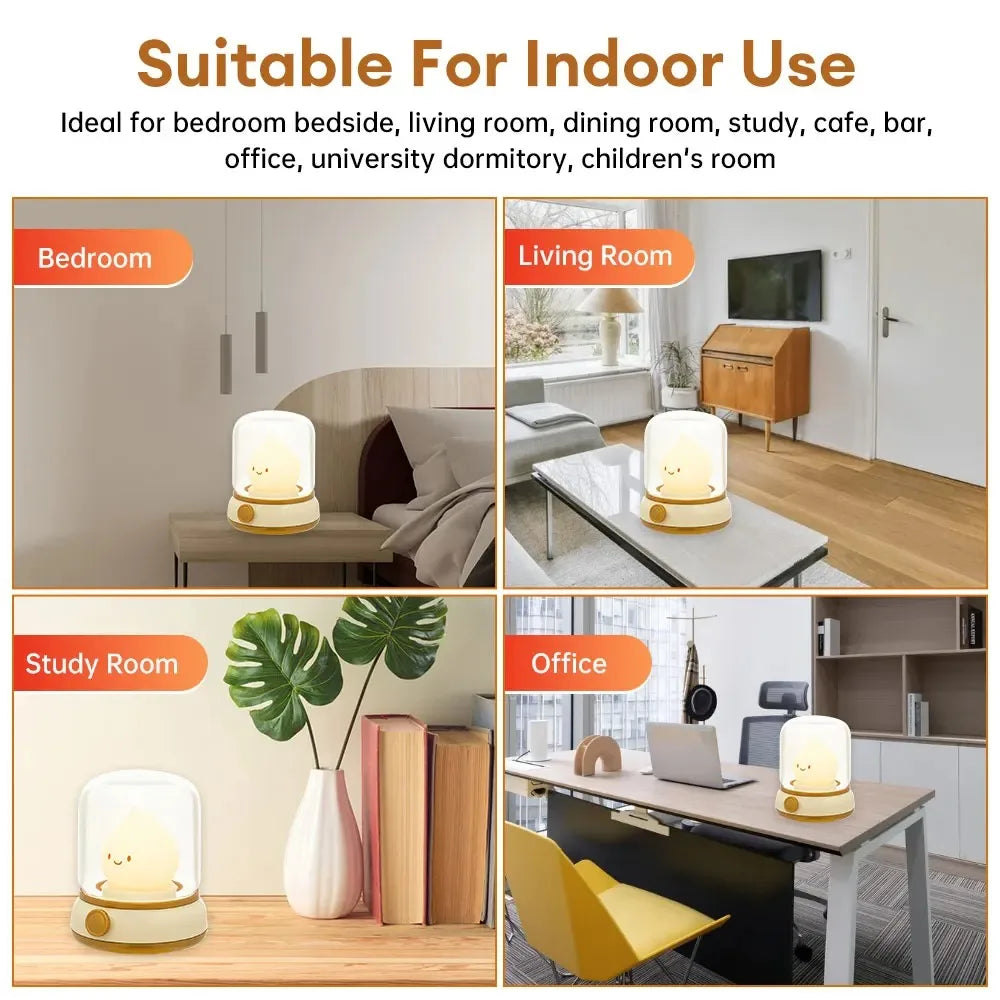 BANDIAN Kids Mini 3-Mode Warm White LED Round Clear Plastic Top Cute Cartoon Enclosed Kerosene Flame Green Bottom USB Rechargeable Lithium Battery Portable Tabletop Night Lights-Ambient Lighting/Colors-Green/White/Yellow/Clear/Batteries-Bulbs Included
