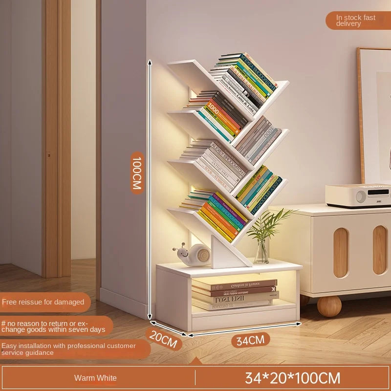 OMGD Modern Brown Wood-Panels One Drawer Box Base Free-Standing Living Room Small Tree-Like Shelves-Ladder Bookcases/Colors-Blue/Brown/White