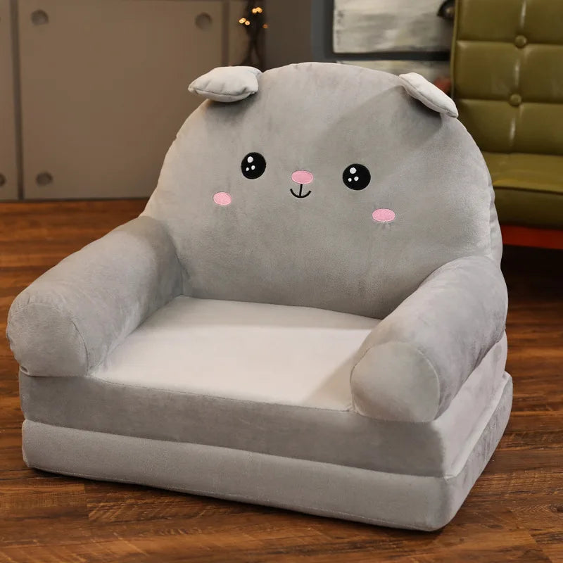 MDNG Modern Kids Customized Upholstered Padding Cute Soft Gray Velvet Fabric Cartoon Animal Faces Folding-Out Play Arm Chairs/Sponge Filling/Colors-Green/Pink/Yellow/Gray/Animals