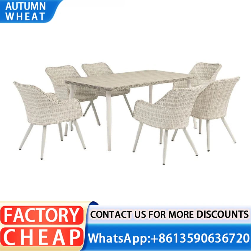 No-EN-Name-Null Outdoor Modern Free-Standing Water Repellent Handmade Beige Rattan Woven Wicker Solid Teak Wood Rectangle Table-Aluminum Alloy Metal Base Sectional Sofa Patio Sets/6 Beige Chairs /Colors-Beige /Brown/ Black /Gray
