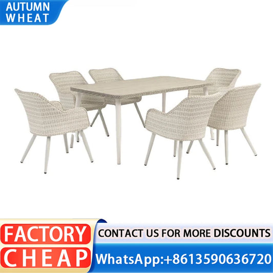 No-EN-Name-Null Outdoor Modern Free-Standing Water Repellent Handmade Beige Rattan Woven Wicker Solid Teak Wood Rectangle Table-Aluminum Alloy Metal Base Sectional Sofa Patio Sets/6 Beige Chairs /Colors-Beige /Brown/ Black /Gray