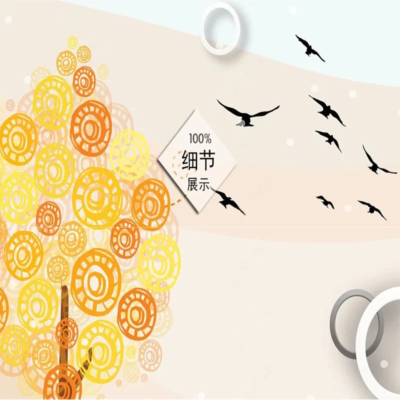 JIADOU Waterproof Canvas Peel-N-Stick 3D Cute Cartoon Yellow-Orange Round Circle Leaves Trees-Black Birds 2 Closed Eyes-Lashes Design Paper Back-Vinyl Mural Wallpapers/Colors-Yellow/White/Green/Orange
