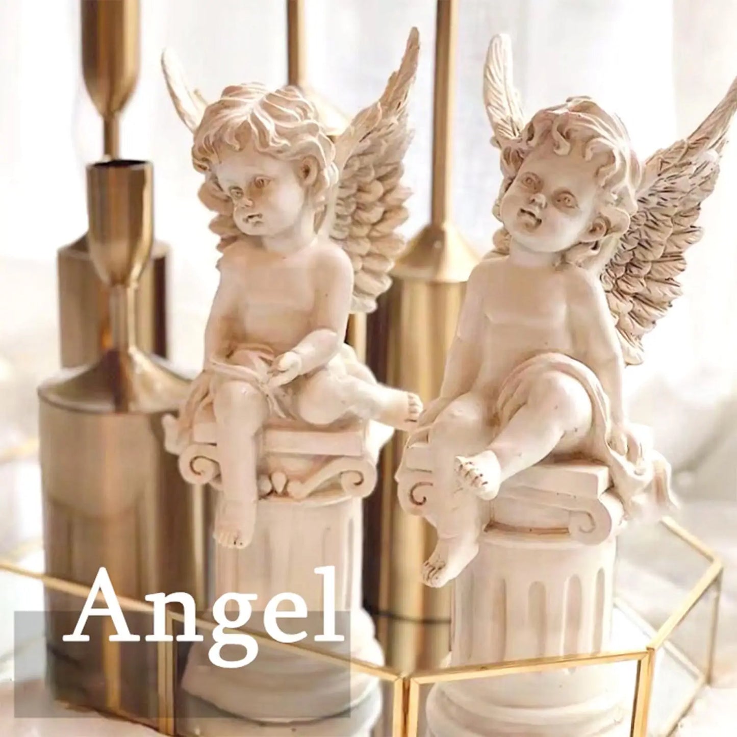 2 PCS Set Garden Outdoor White-Beige Cute Angel Cherubs Sitting On Roman Pillar Props Resin Statues
