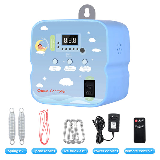 Blue Plastic Digital Display 9-Level Speed Hands-Free Rocking Electric Baby Swing Cradle Controllers/1-Spare Rope /2-Adjustable Springs /3-Metal Buckles/ Baby Lullaby Music/Time/Hook-Up/Remote Control/Power Cable/On-Off Switch