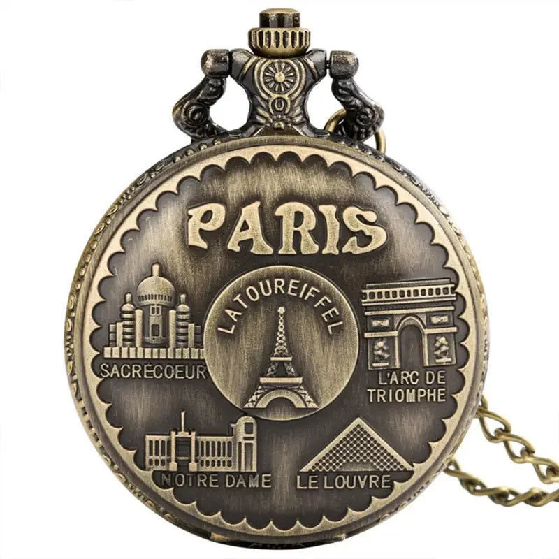 WECIN Adults Quartz Analog Display Glass Face Arabic Numeral Hollow-Out Bronze Round Shaped Metal Alloy Case Paris-Eiffel Tower-Notre Dame-LE LOUVRE Design Chain-Pocket Watches