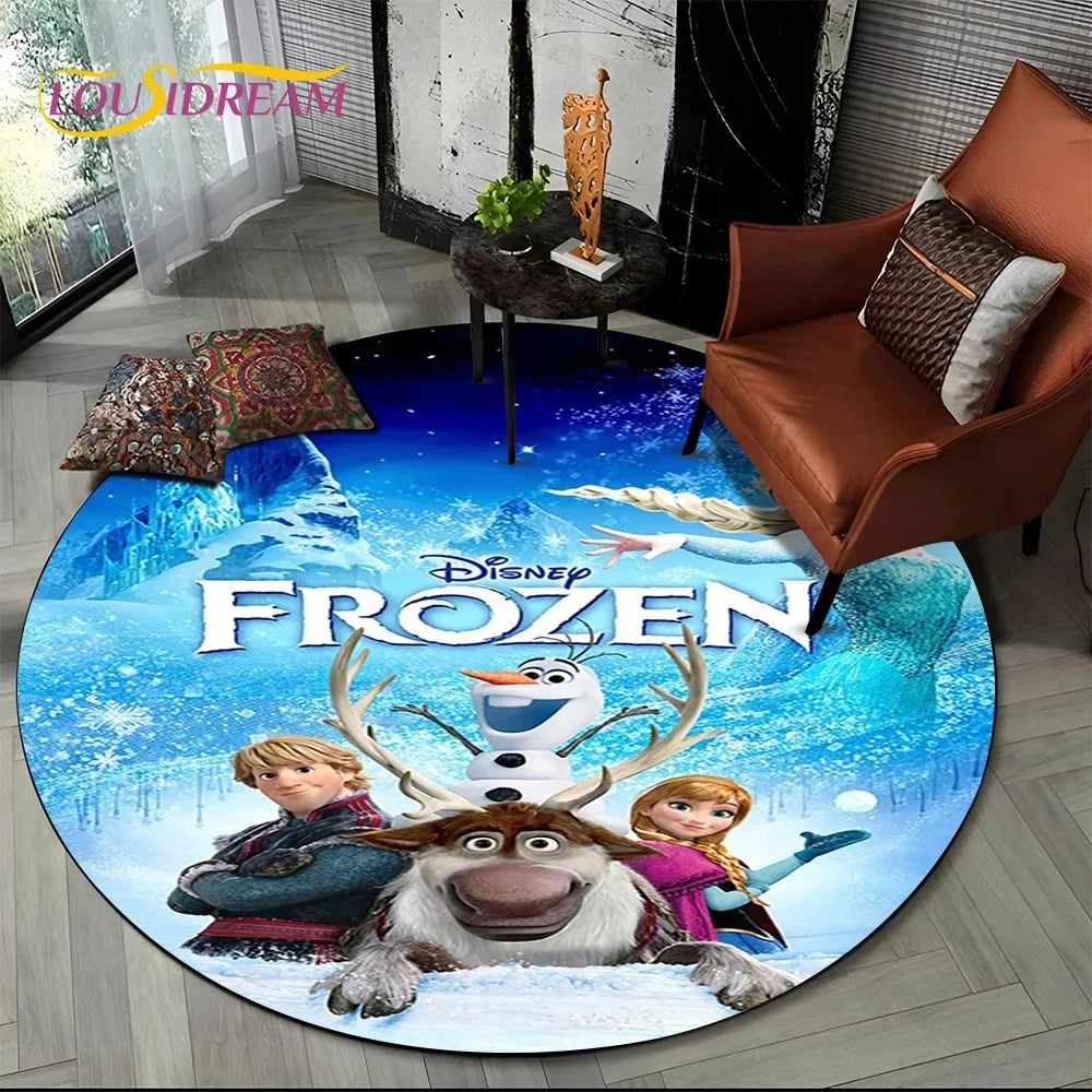 MINISO Indoor-Outdoor Kids Blue Background Round Shaped DISNEY'S Frozen II Movie Cartoon Anime Princess Elsa-Anna-Olaf Design Skid-Proof Bottom Polyester-Flannel Rugs/Colors-Blue/Red/Black/White