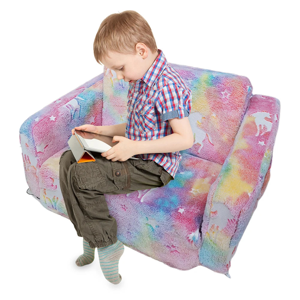 SHUNMAII Modern Babies-Toddlers Upholstered Sponge Padding One-Seat Glow-In-The-Dark-Stars-Half Moons-Clouds Design Soft Gray Polyester Fabric Fold-Out Armchair Play Sofas/Colors-Gray/Multicolor/Animals