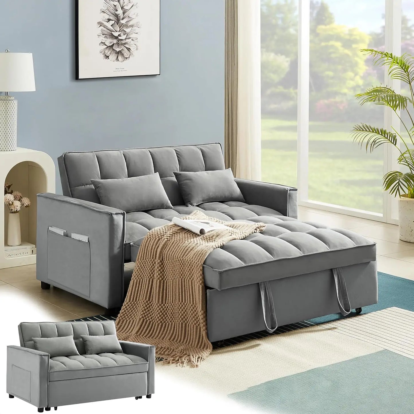 No-EN-Name-Null 3-In-1 Medium Soft Adjustable Backrest Pull Out Black Tuft-White Trim Soft Velvet Fabric Metal Frame Convertible Seat-Recliner-Sleeper Bed Sofas/2 USB Ports /2 Pillars /2 Pockets/Colors-Black Tuft/Gray Tuft/Light Gray Tuft/