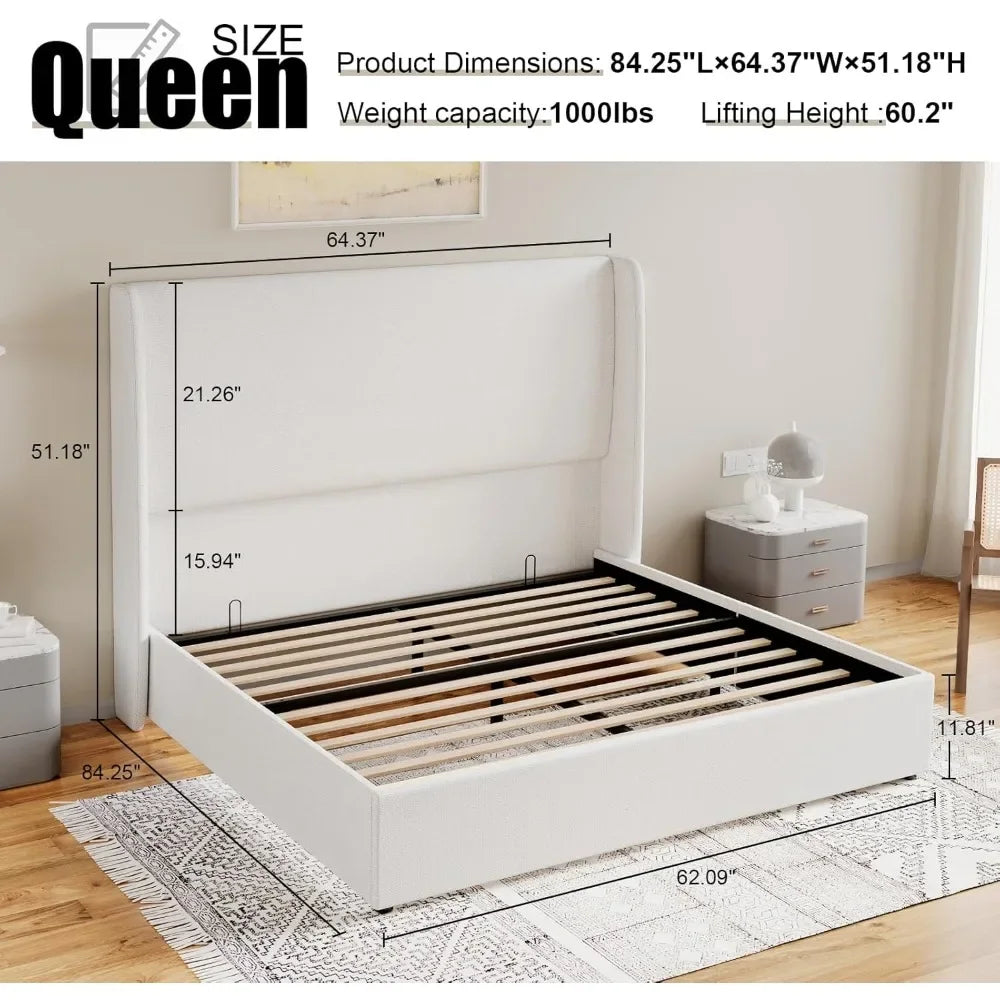 ANGDUO Modern Lift Up Upholstered High Wingback Linen Fabric Headboard Metal Frame King Size Platform Beds/Large Hydraulic Storage/No Box Spring Needed/ Dimensions: 84.25"L x 80.51"W x 51.18"H/Colors-White/Beige/Gray