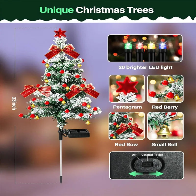 2 PCS Outdoor Solar-Powered Plastic-Polyester Body Decorative Red-Green Floral Christmas Trees Shaped Warm White LED Waterproof Pathway Holiday Ornaments Lights/Colors-Green/Red/Floral/Multicolor/Bulbs Included