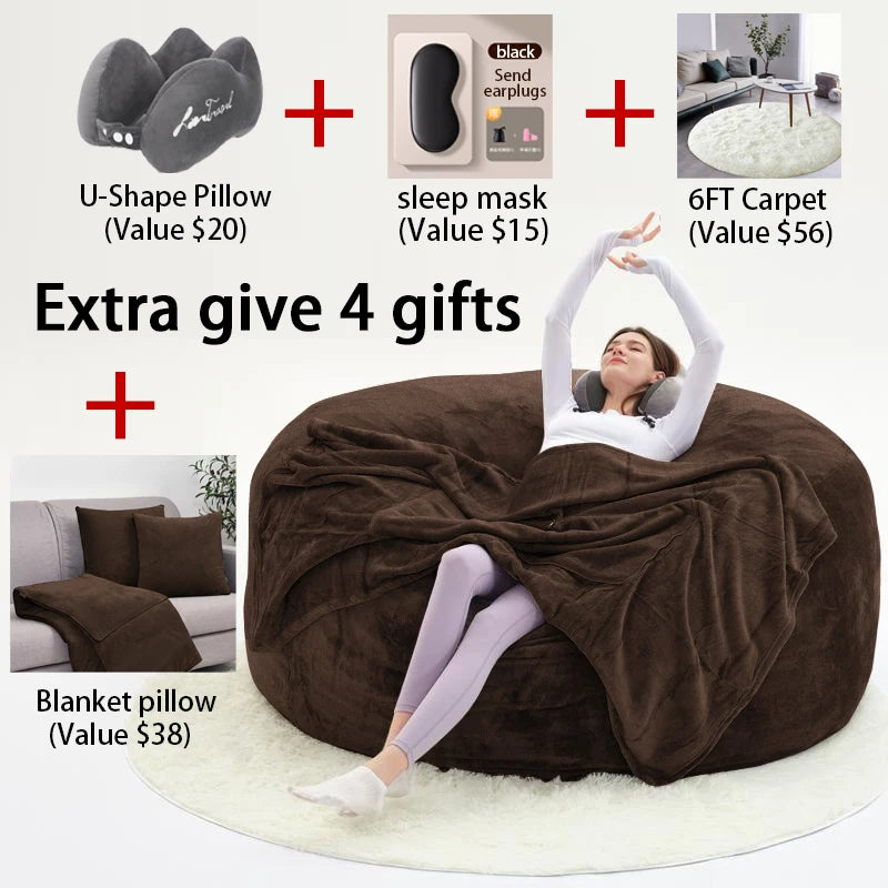 No-EN-Name-Null Modern Italian Design Large Three Seat Soft Plush Brown Round PU Polyester-Flannel Fabric Bean Bag Chairs/Zippered /Removable-Washable Cover/Extra 4 Gifts Included/ Sponge Filler Included /Colors-Gray/Beige/Brown/Blue/Black