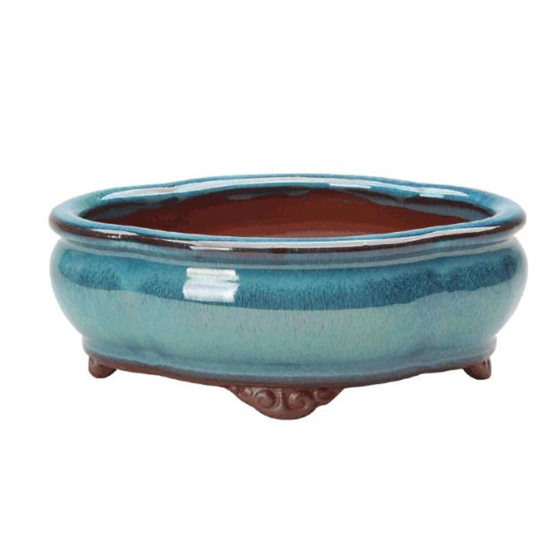 No-EN-Name-Null Home Lightweight Green Glazed Round Shaped Ceramic Chinese Desktop Bonsai Flower Pots/Sizes: 15 x 5.2 x 11.3 cm/Colors-Multicolor/Blue/Purple/Green/Brown/1 Large Drip Hole-4 Small Drip Holes