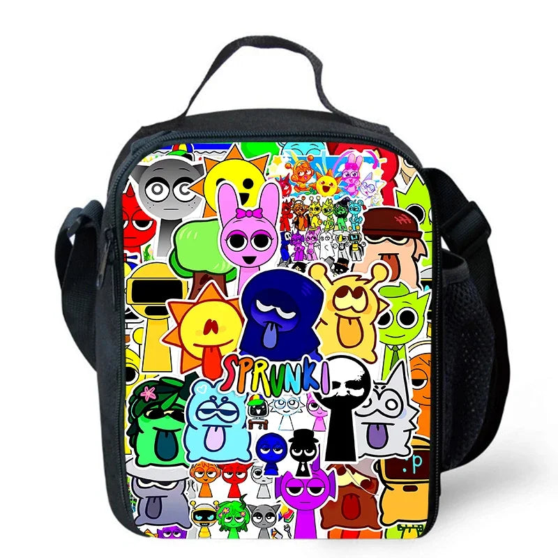 MINISO Kids Waterproof Nylon Fabric 3D Digital Print Cartoon Anime Music Box Sprunky Kids Full Mode Curved Back School Backpacks/Lunch Bag-Pencil Bag/Exterior Pockets/Laptop Compartment/Colors-White/Black/Blue/Multicolor