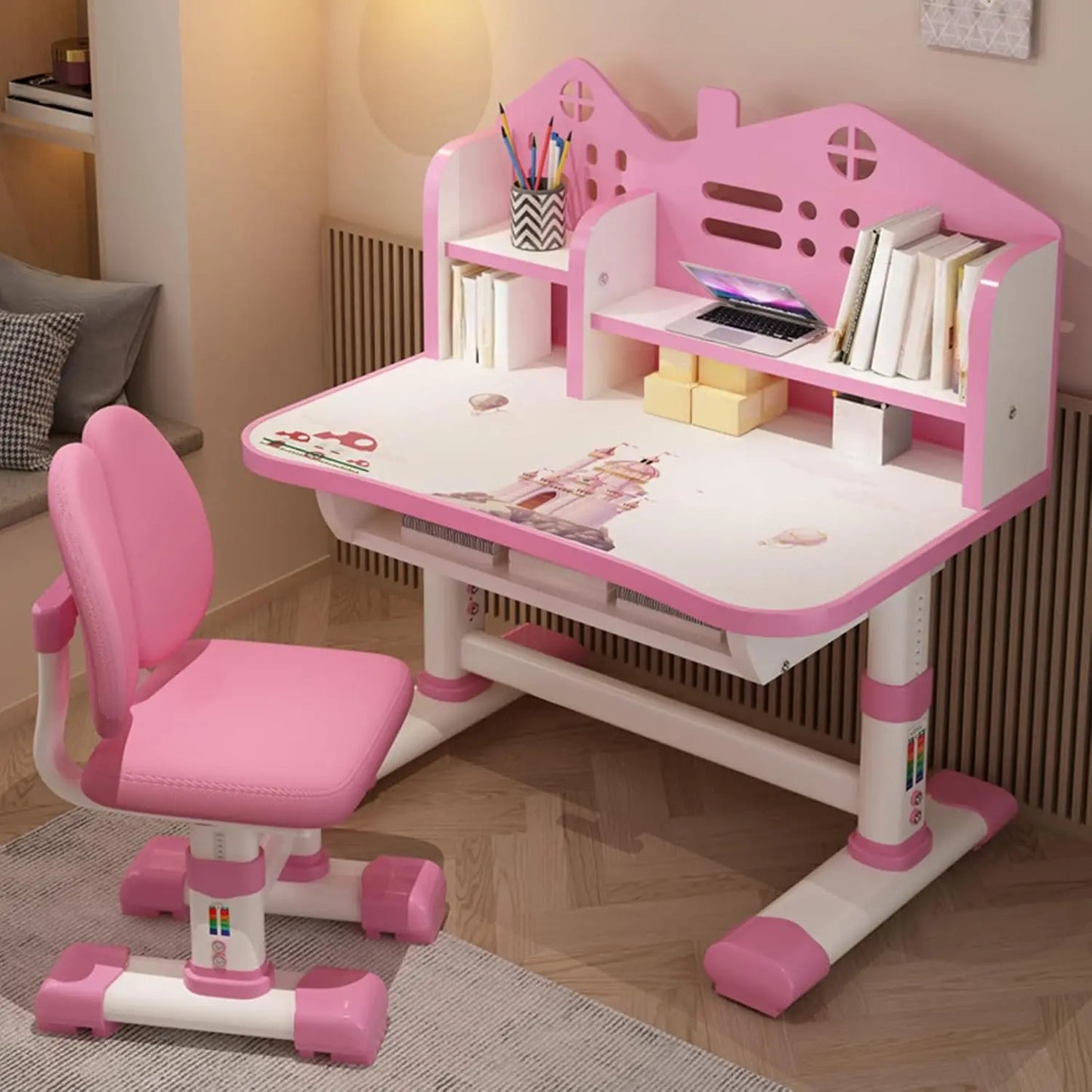 XMSJ Modern Kids Cartoon Theme Pink-White Metal Frame Height Adjustable Thick Desk-Chair Office Furniture Sets/Adjustable Shelves/Drawer/Storage Options/Assembly Required