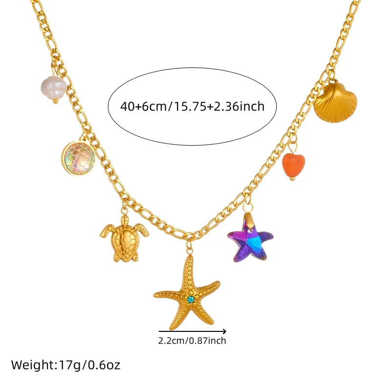 DIEYURO Adult Women Stainless Steel Gold-Plated Imitation Star-Pearl-Heart-Shell-Turtle-Starfish-Mood Tracker Pendant Chain Necklaces