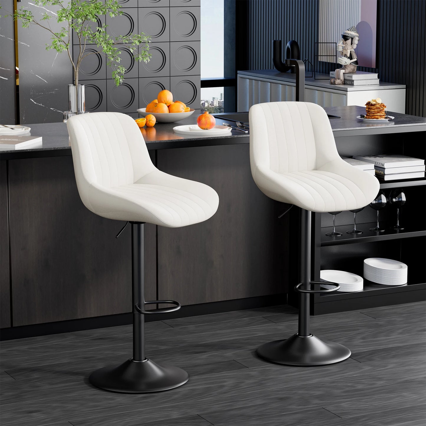 No-EN-Name-Null 2 PCS Waterproof Low Backrest Armless Upholstered Padded Shell Shaped Soft Faux Leather Fabric Seat Cushion Black Metal Round Base-Footrest Bar Kitchen-Dining Room Chair Sets /Colors-White/Beige/Gray/Black/Brown
