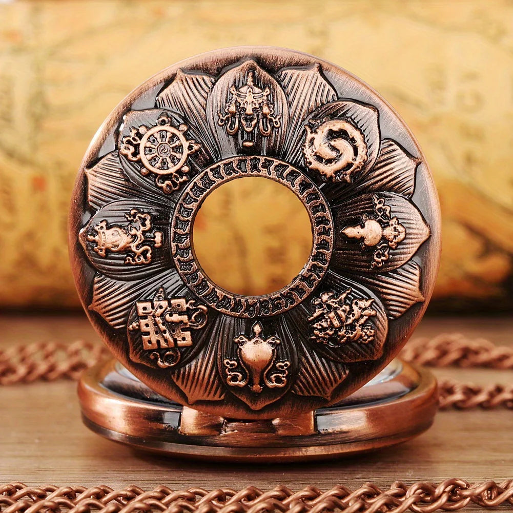 RUNERR MEN Vintage Quartz Digital Display Bronze Metal Alloy Case Glass Face Electronic Drive Mode Hollow-Out Engraved Lotus Flower-Animals Front Design Bronze Chain-Pocket Watches
