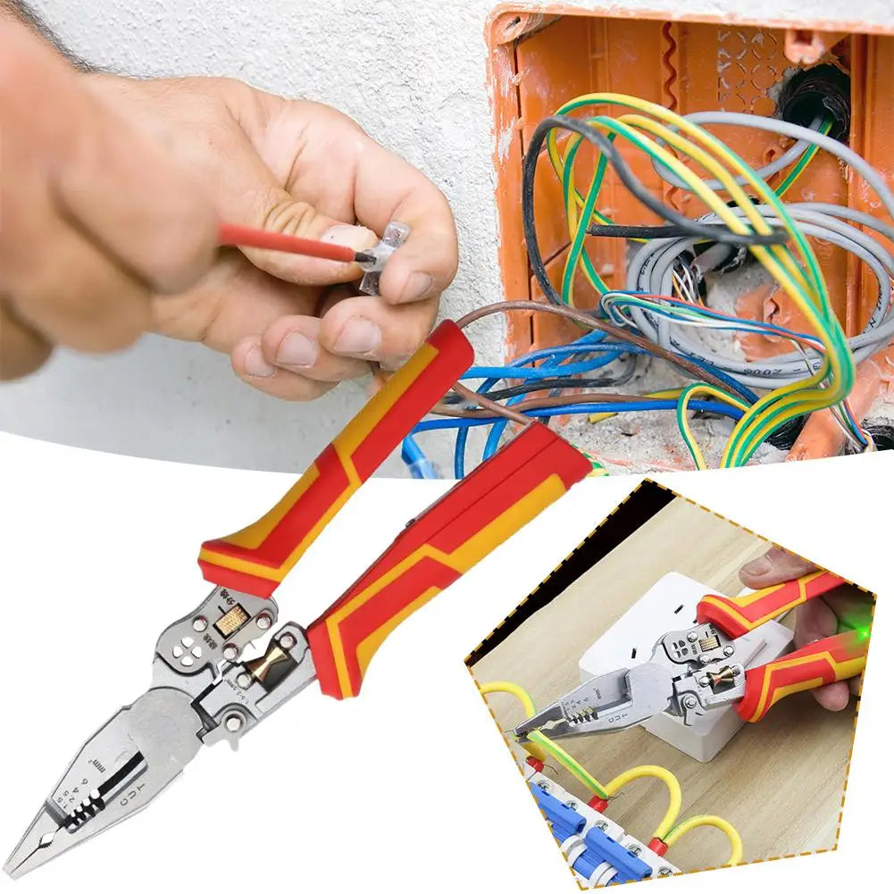 No-EN-Name-Null 9-in-1 Heavy-Duty Non-Slip Multicolor Handle Grip Enlarged Professional Petal Four-Hole Winding Built-in Electricity Current Meter Steel Metal Pliers Adjustable Jaws Sharp Wire Strippers/Colors-Red/Green/Yellow/Silver/Black/Multicolor