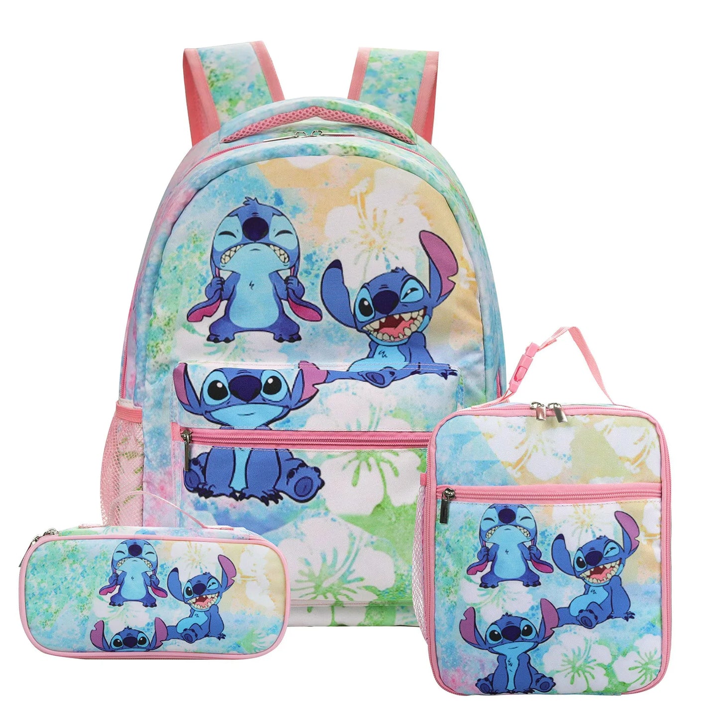 Disney Kids Large 3 PCS Cute Cartoon Stitch Movies-TV Theme Design Pink Polyester Fabric  Shoulder Straps-Handle Zipper Pockets School Backpacks Sets/Pencil Case/Small Accessory Bag/Colors-Multicolor/Pink/Blue