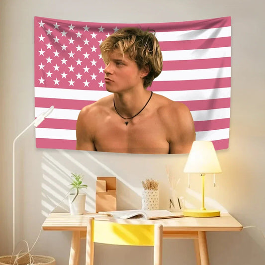 Customized Indoor Rectangle Polyester Printed JJ Outer-Banks Pink-White Flags-America Flag Tapestries/Colors-Red/White/Pink/Multicolor