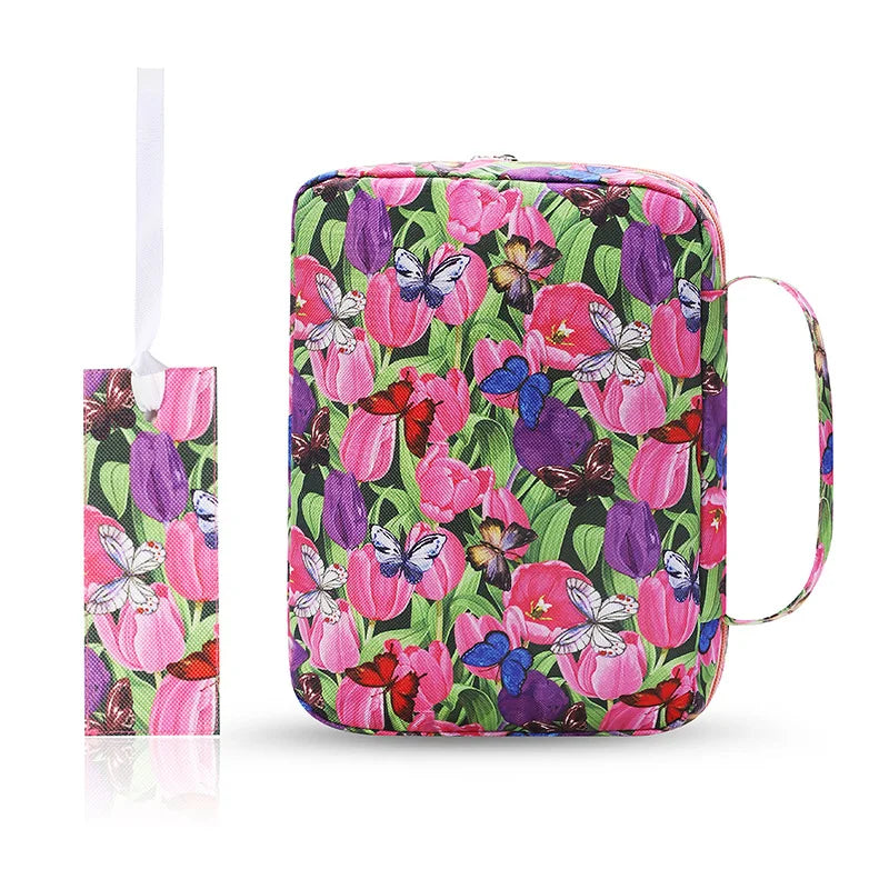 ALL GLORY Soft Handle Blue Floral Design Saying God Is Within Her She Will Not Fall Psalms 46: 5Metal Zippered Internal Pockets Nylon Fabric Polyester Lining Religious Items Bible Cover Cases/Colors-Various Floral Patterns