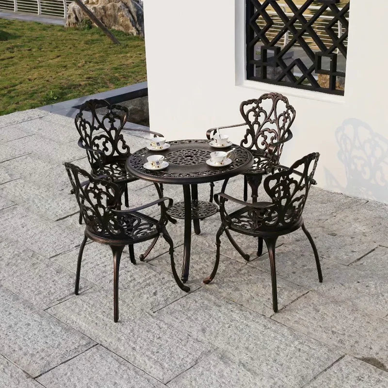 No-EN-Name-Null Outdoor Courtyard Floral Small White Four Stainless Steel-Cast Aluminum Metal Round Table-Chairs Outdoor Furniture Sets/ Size: 60x58x89cm/Colors-White/ Black/Bronze/Silver/Floral